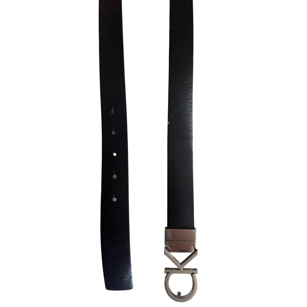 Calvin Klein Mens Black Leather Belt Silver CK Logo Plaque Buckle L